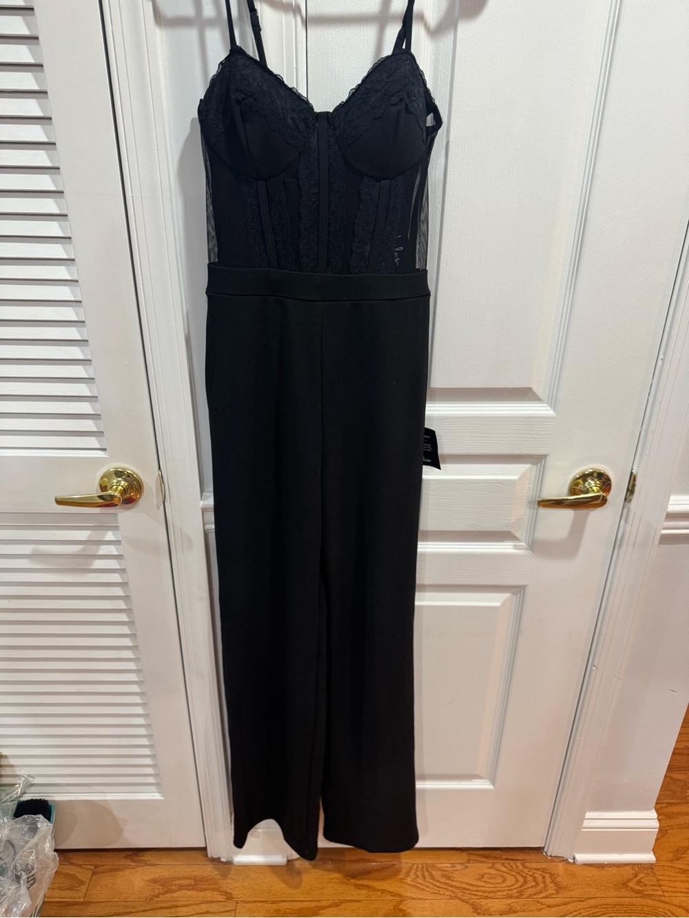 Lulu's Black Lace Bust Jumpsuit with Spaghetti Straps